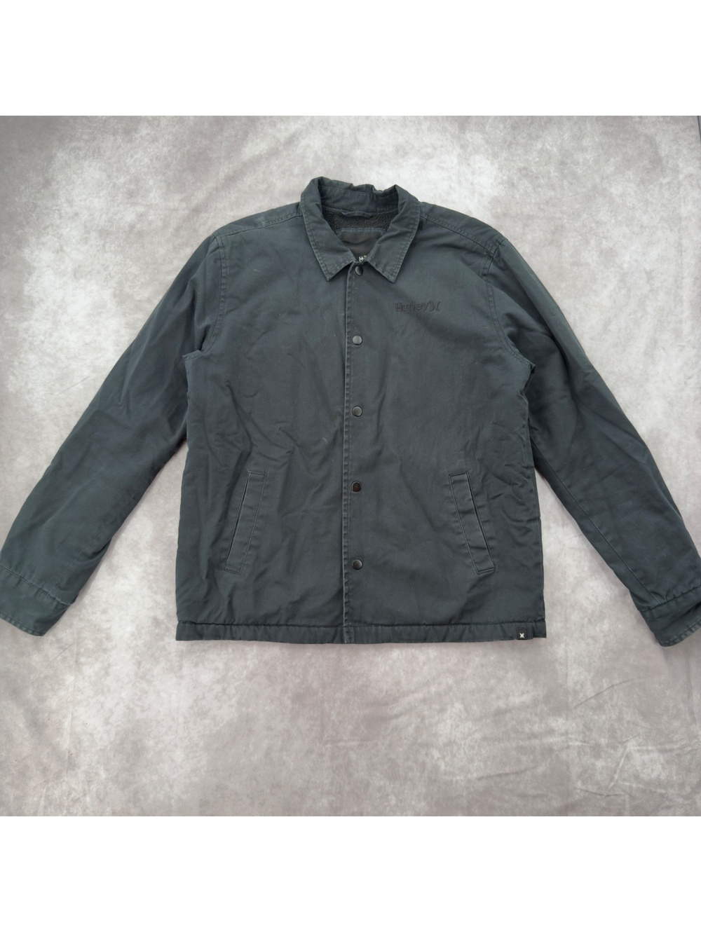 Hurley Distressed Faded Black Fleece Lined Snap Button Skate Jacket Grunge